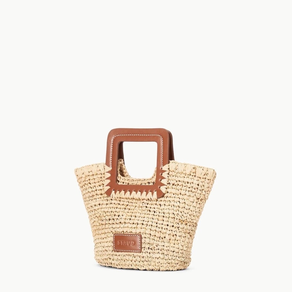STAUD Shirley Mini Natural Straw Leather Bucket Bag